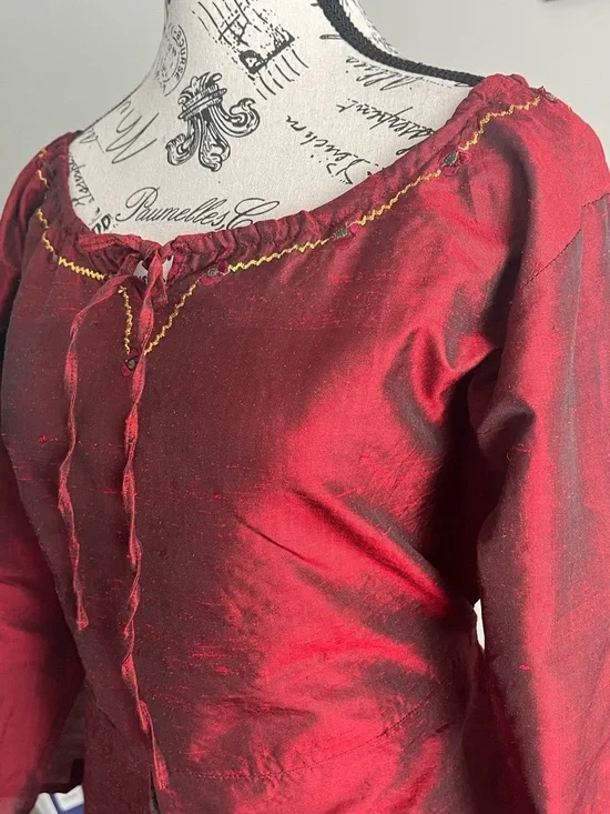 Y2K Red Boho Peasant Top Fairy Grunge Tie Front Off Shoulder Blouse India Size L - Picture 7 of 8